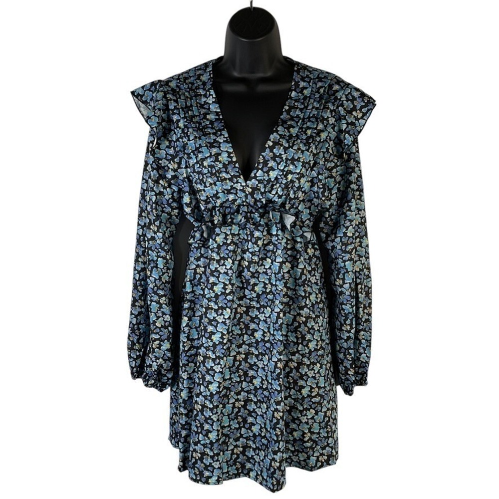 SundayUp Dress Long Sleeve Blue‎ Floral Ruffles Gathered Waist Lightweight Sz Lg